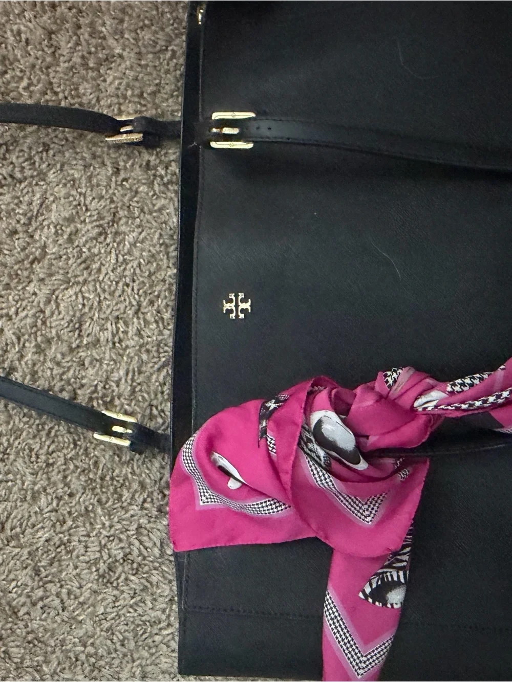 Tory Burch Black Leather Tote with Pink Scarf Accent